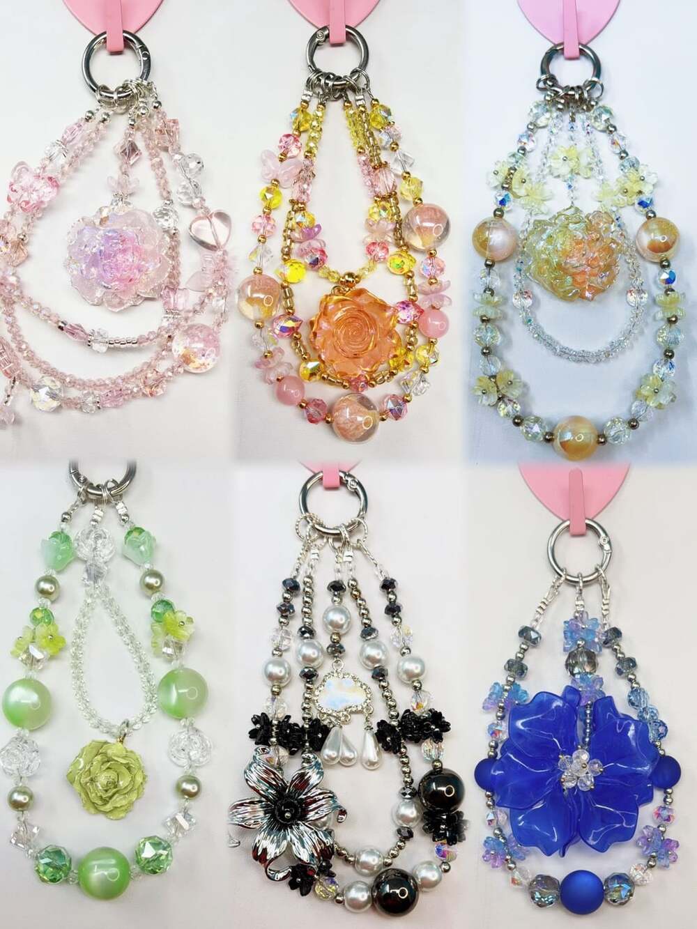 6 Pieces Handmade Beaded Flower Phone Charm Keychain Bag Charm